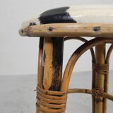 Bamboo bar stool with leatherette seat in cow print, 1950s