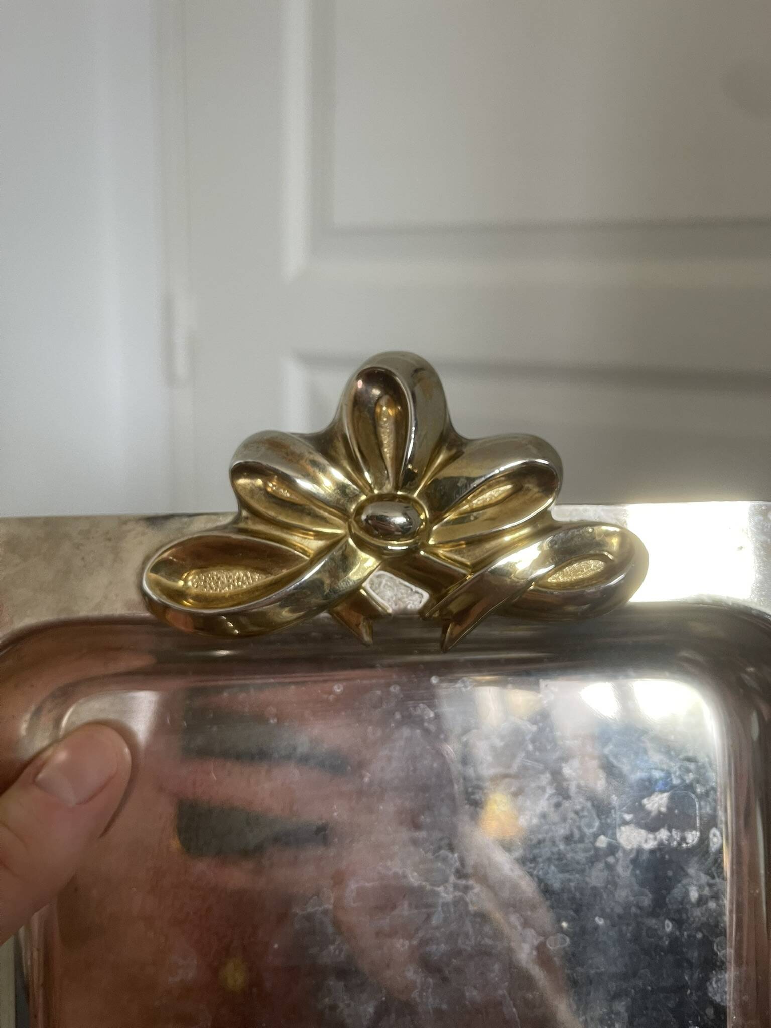 Vintage Silver-Plated Metal Art Deco Serving Tray with Gilded Knot Handle