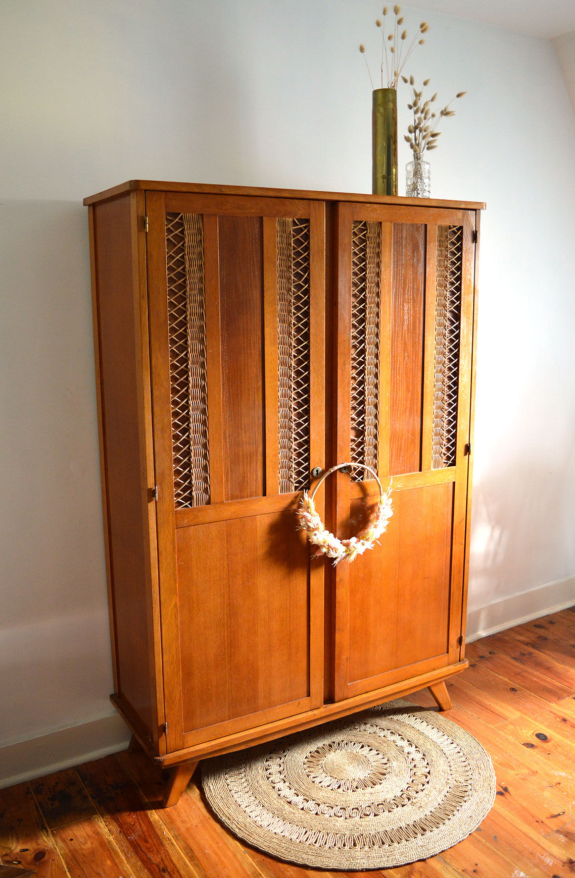 Wood and rattan wardrobe