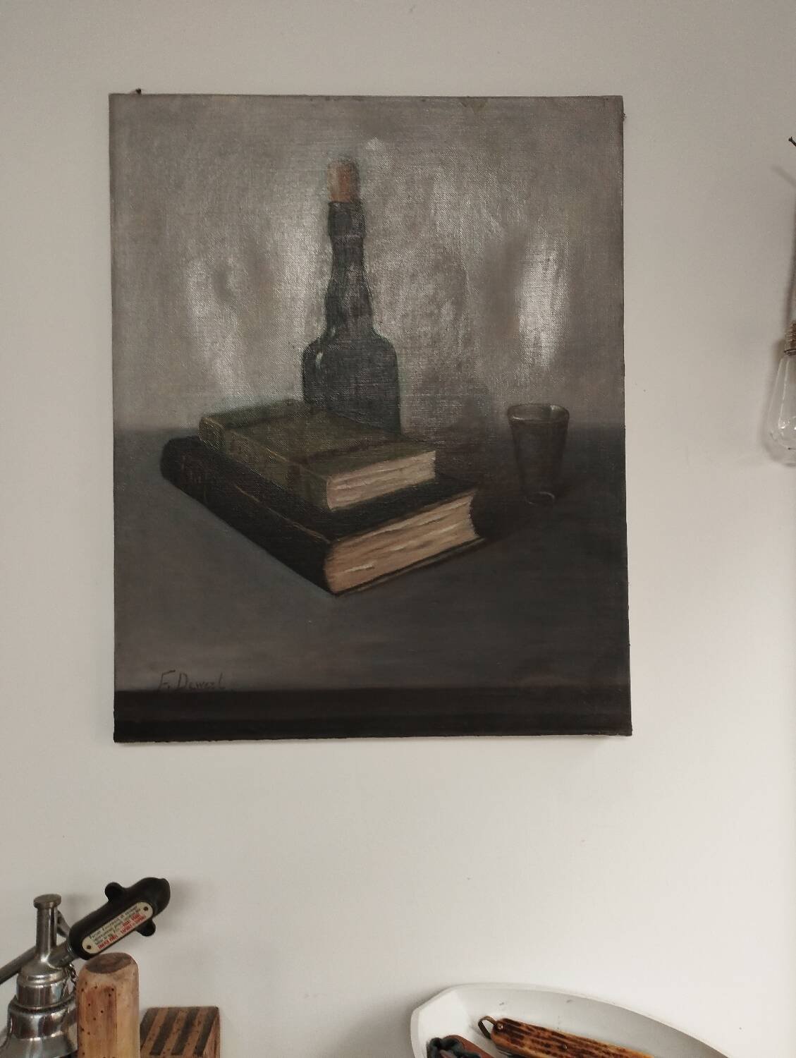 Still life canvas with bottle
