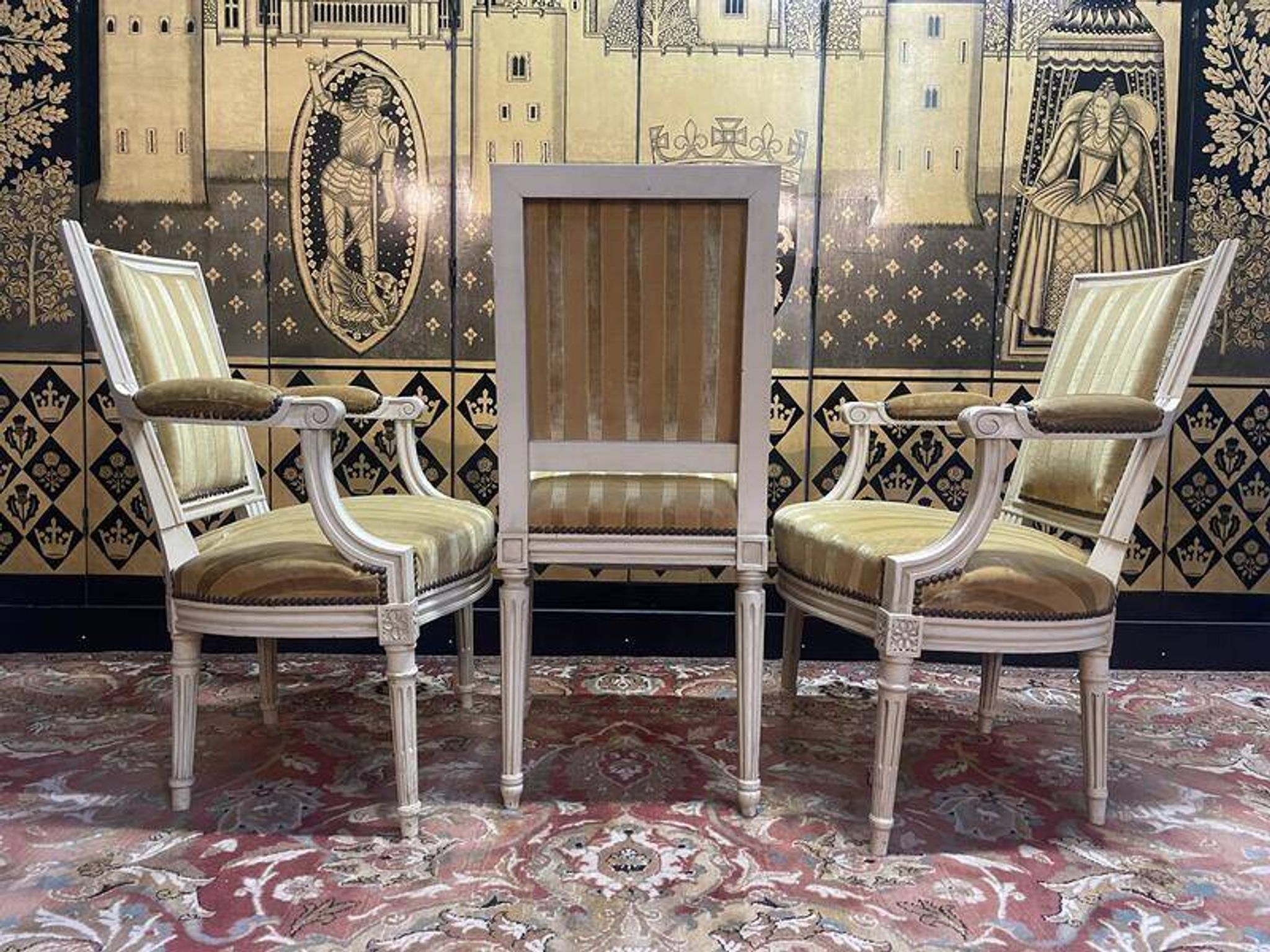 Pair of Louis XVI style cabriolet armchairs and Louis XVI chair