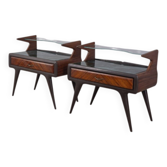 PAIR OF VINTAGE 1950S BEDSIDE TABLES IN WOOD AND GLASS, ITALIAN DESIGN