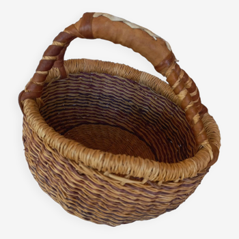 Small woven straw and leather basket