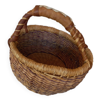 Small woven straw and leather basket