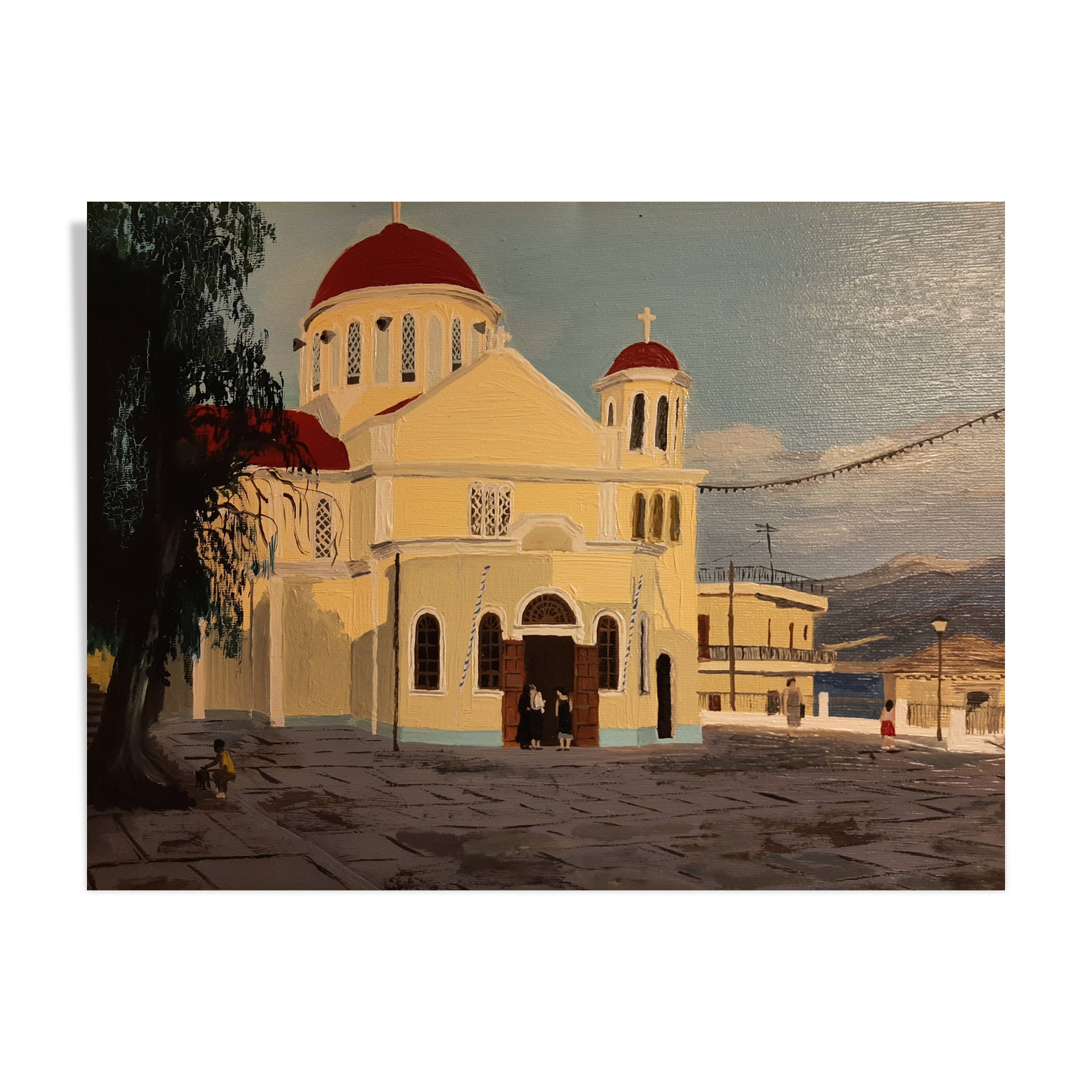 Huile sur toile représentant l'église orthodoxe de Sitia en Crête