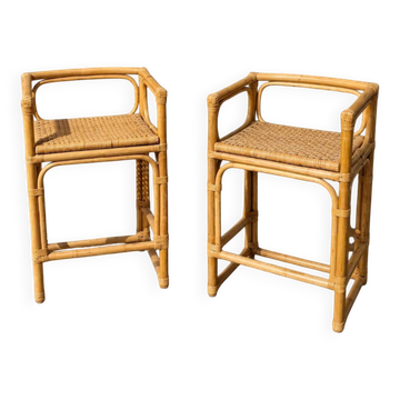 2 x rattan / bamboo stool / wicker seat / 1970s