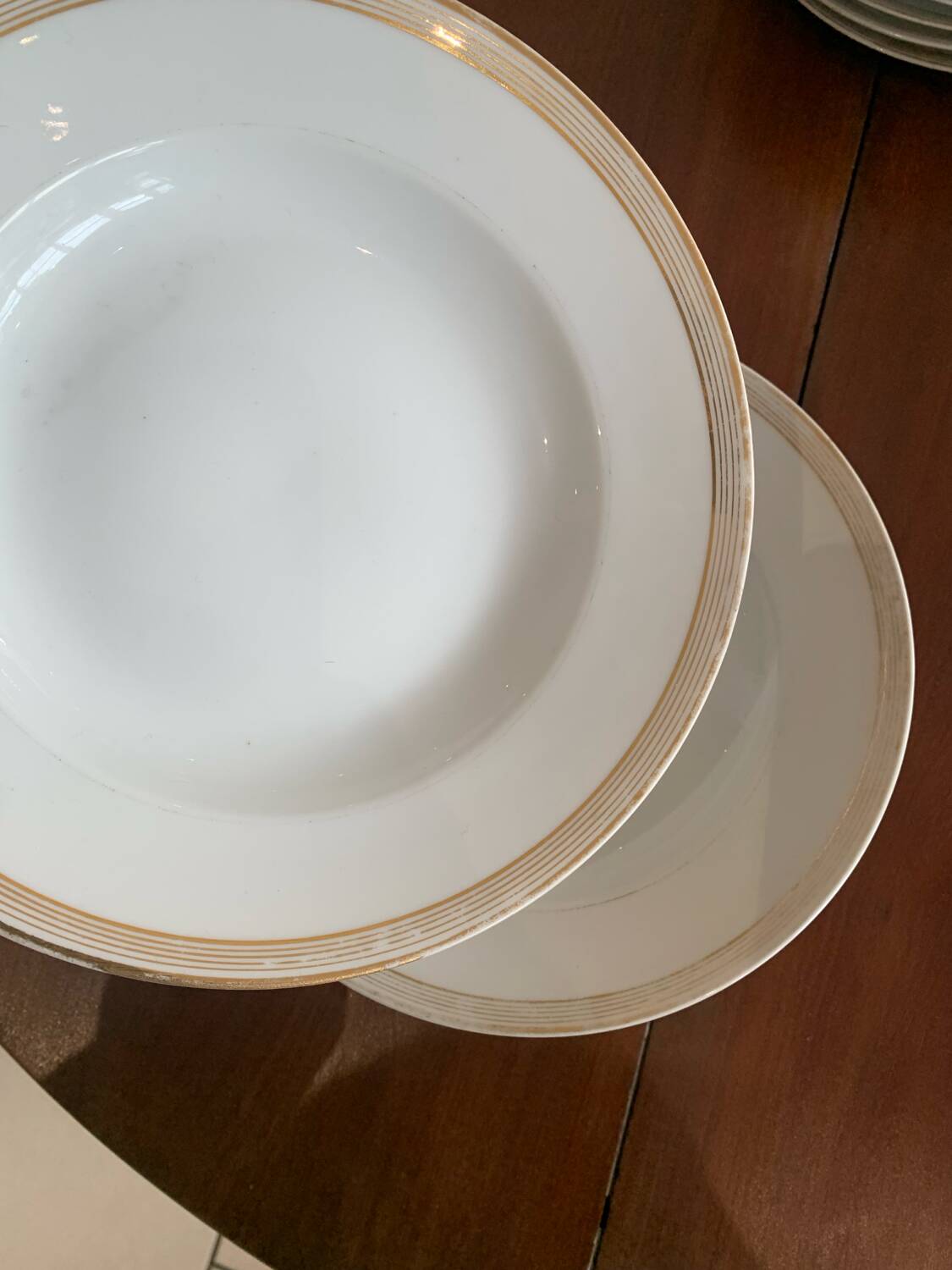 Lot of six soup plates, old, crockery, white, gilded