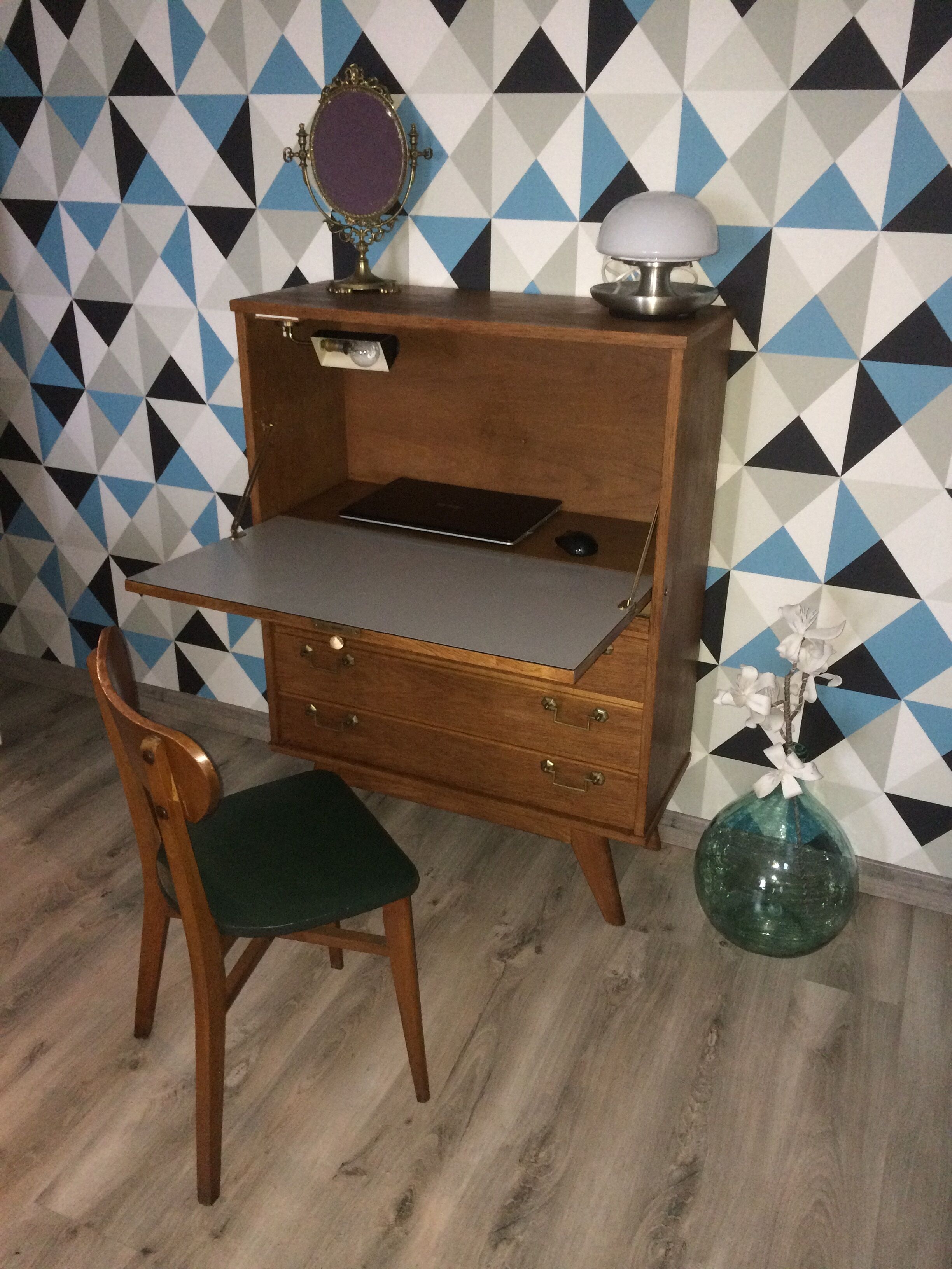 Secrétaire bureau vintage  4 pieds compas années 50
