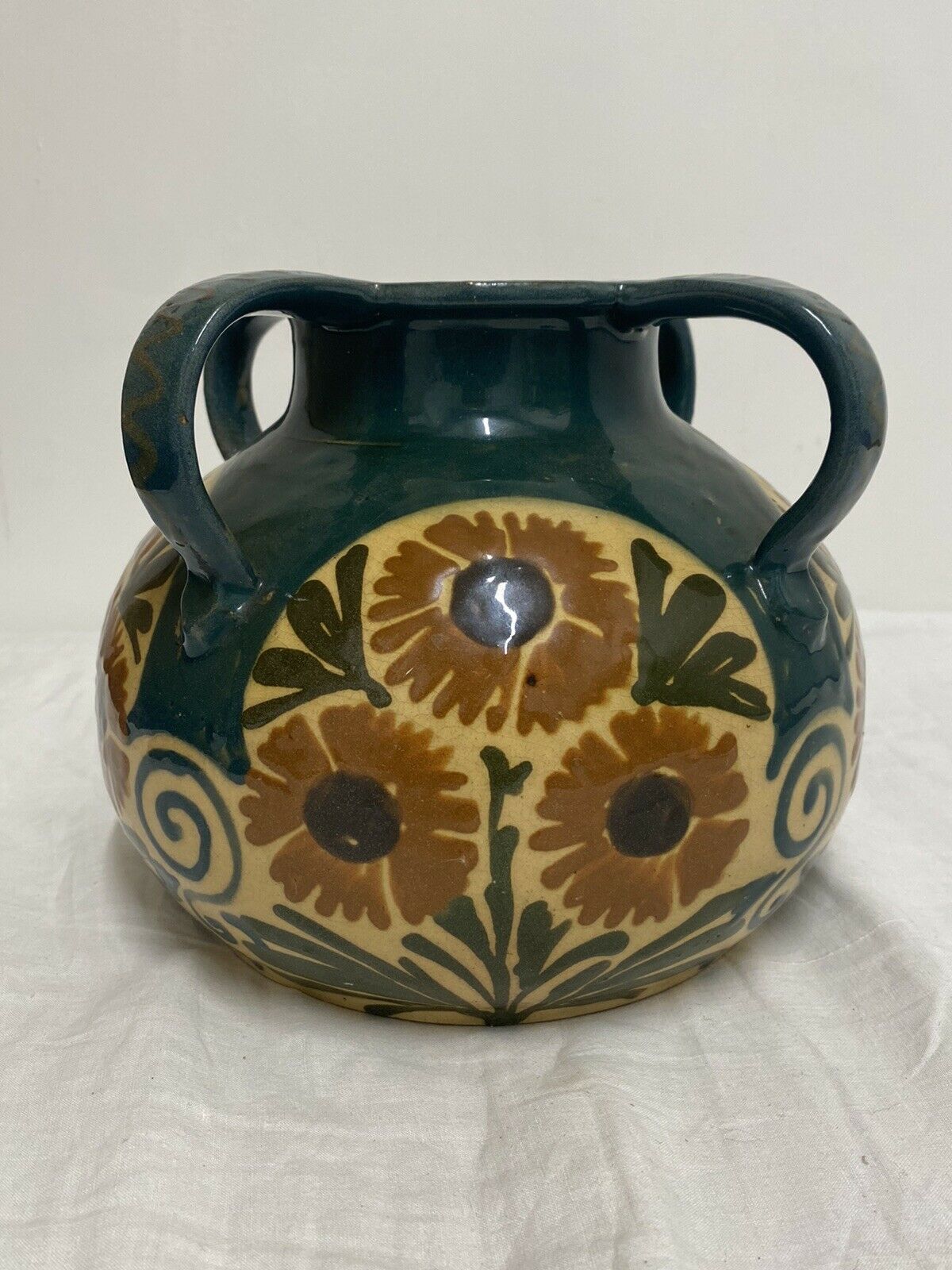 Vase Elchinger ceramic 4 detached handles polychrome floral decoration