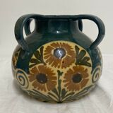Vase Elchinger ceramic 4 detached handles polychrome floral decoration
