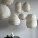 Small Japanese-style natural rattan and linen pendant light in the shape of a drop H40 D35