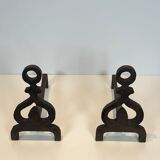 Pair of modernist wrought iron fire dogs.