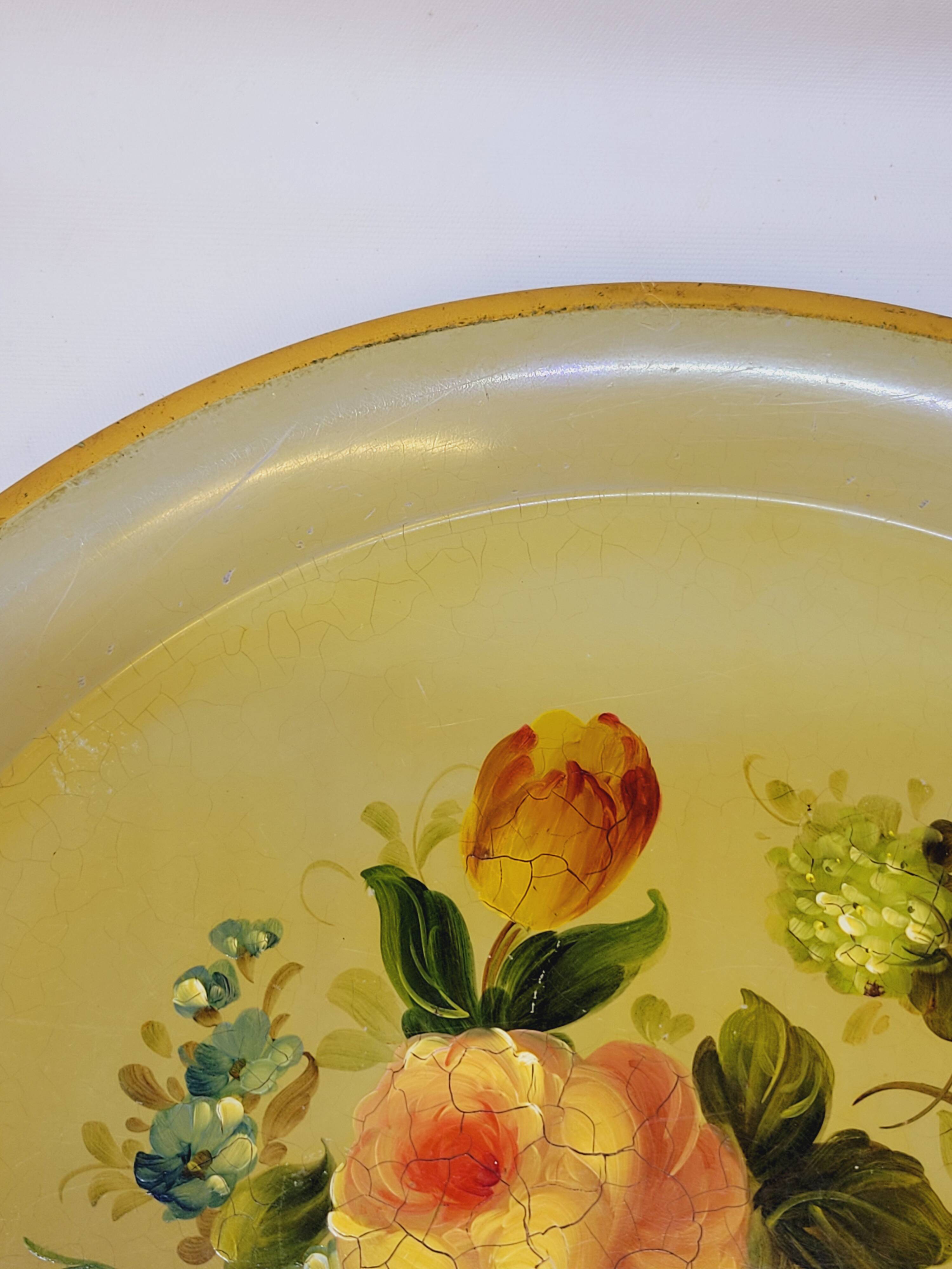 Napoleon III Painted Sheet Metal Tray Painted Metal Floral Decor Diameter 44.5