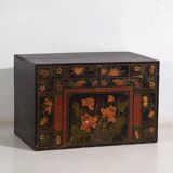Antique wooden chest with lotus flower illustrations (China, circa 1900)
