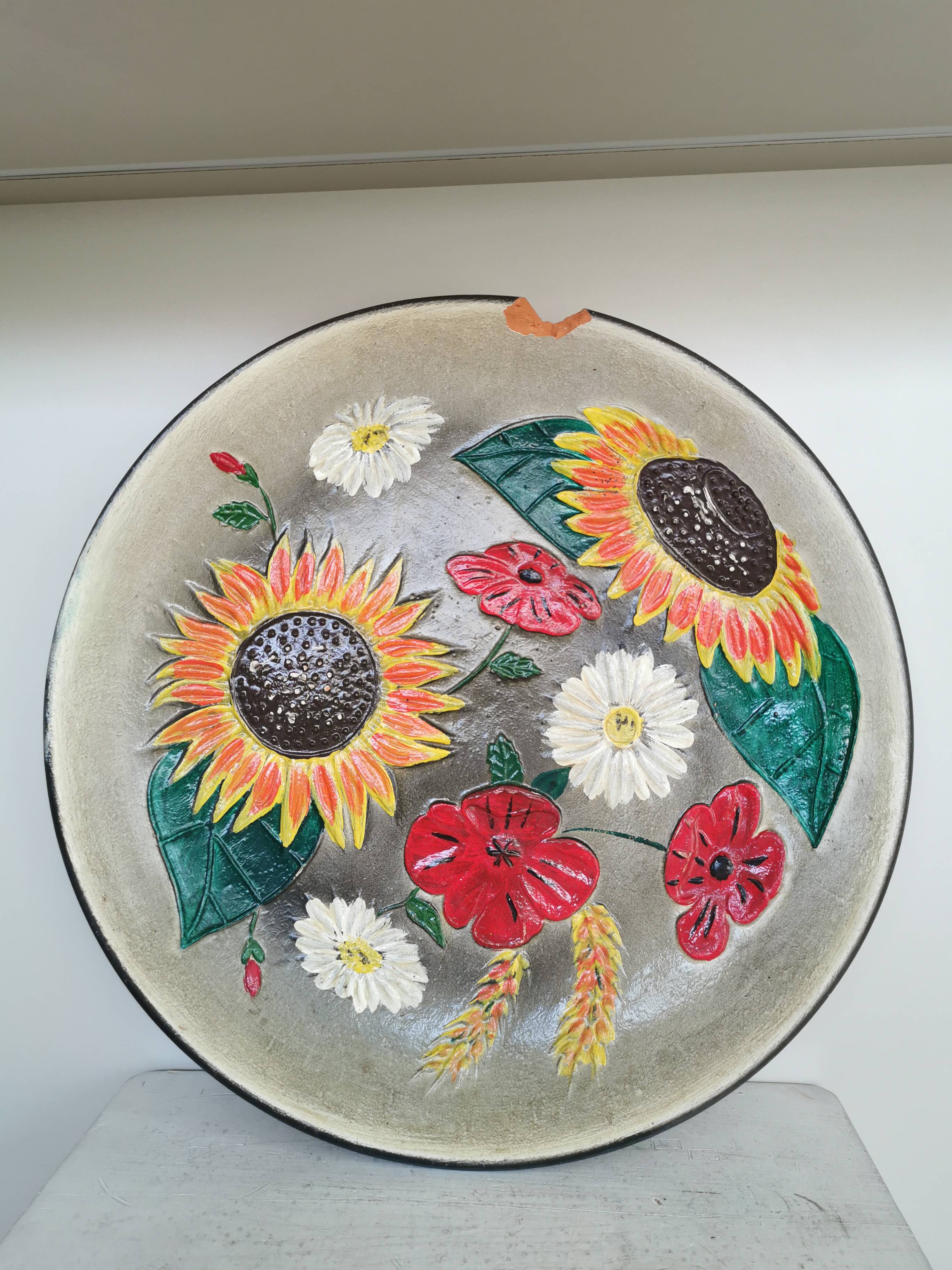 Vintage Hand-Painted Floral Clay Wall Plate - 1970s Yugoslavia