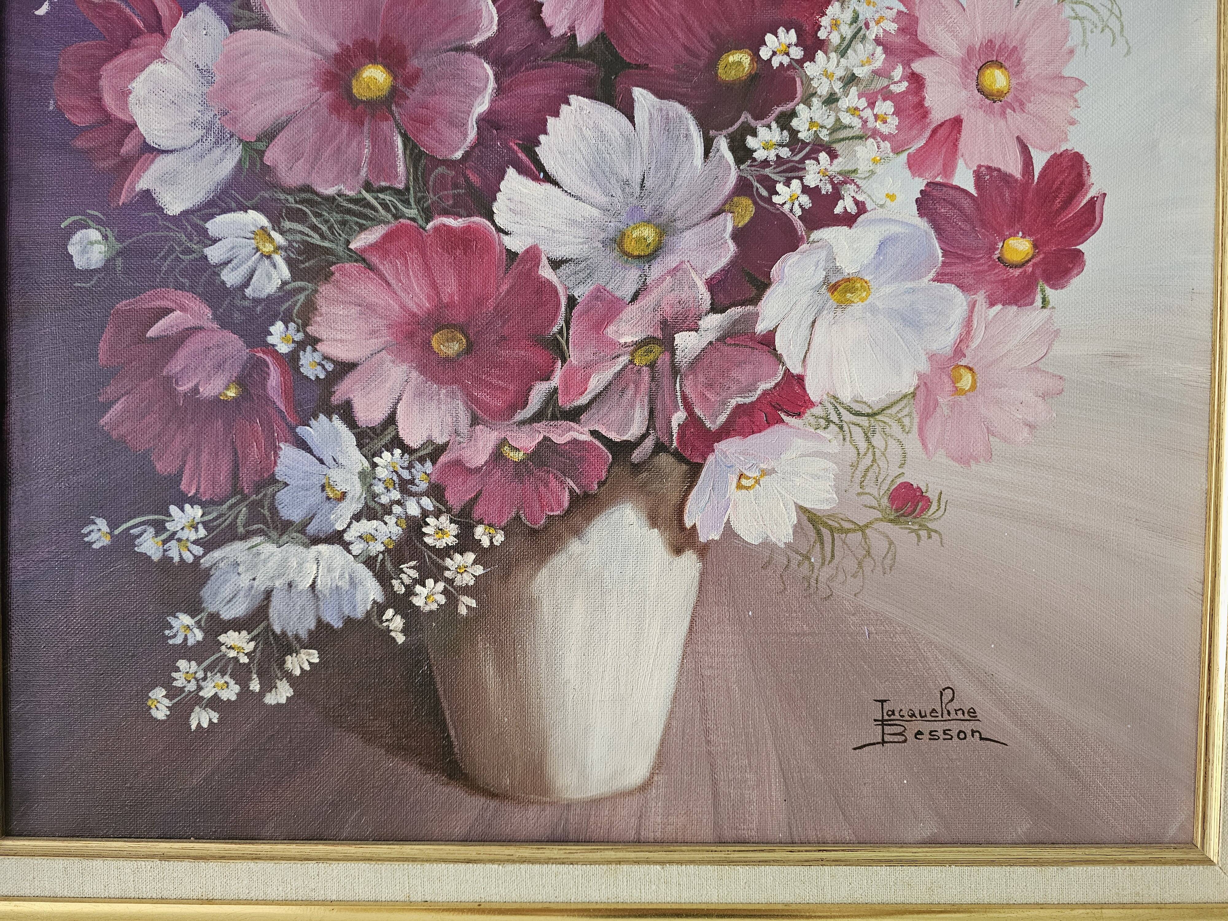 Oil on Canvas Still Life Flowers Cosmos Signed Jacqueline Besson