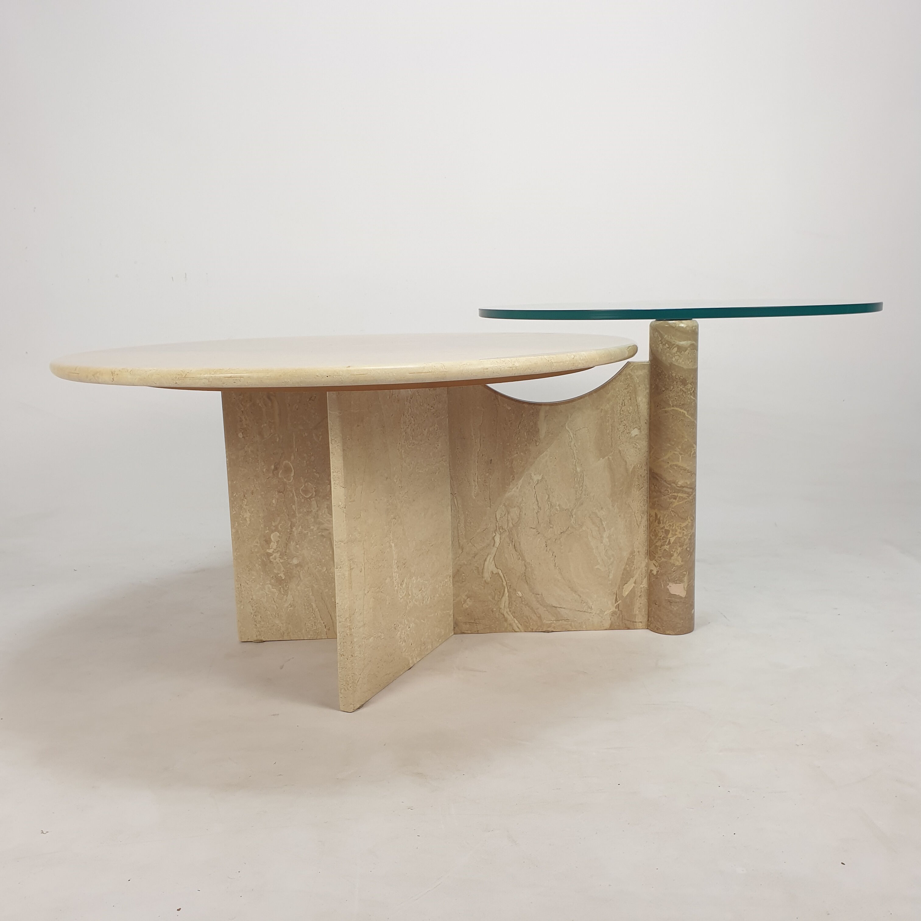 Italian travertine and glass coffee table, 1980
