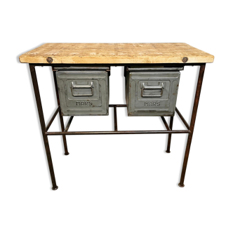 Green industrial worktable with two iron drawers, 1960s