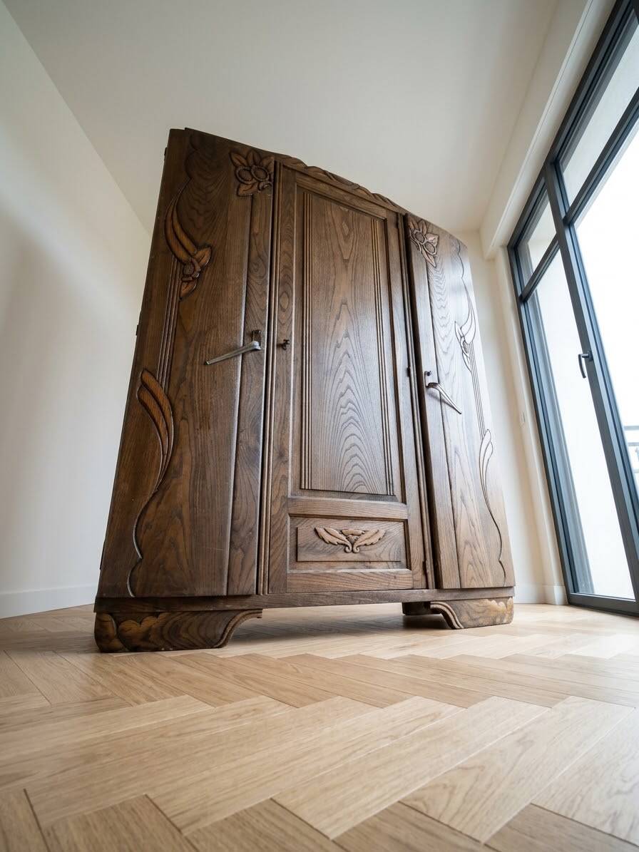 Large Art Deco wardrobe in carved solid oak