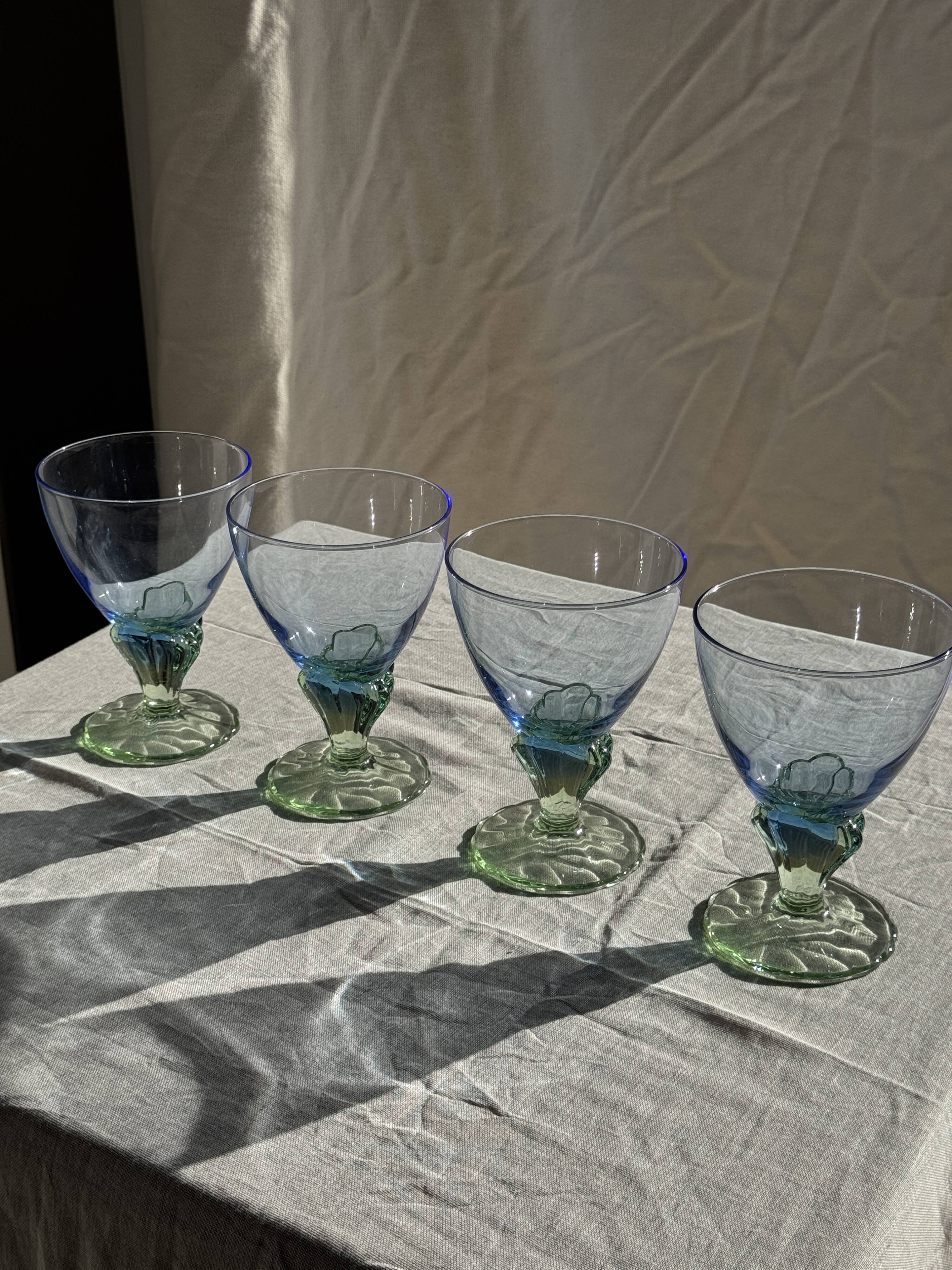 Set of 4 large blue and green glasses H14 D10