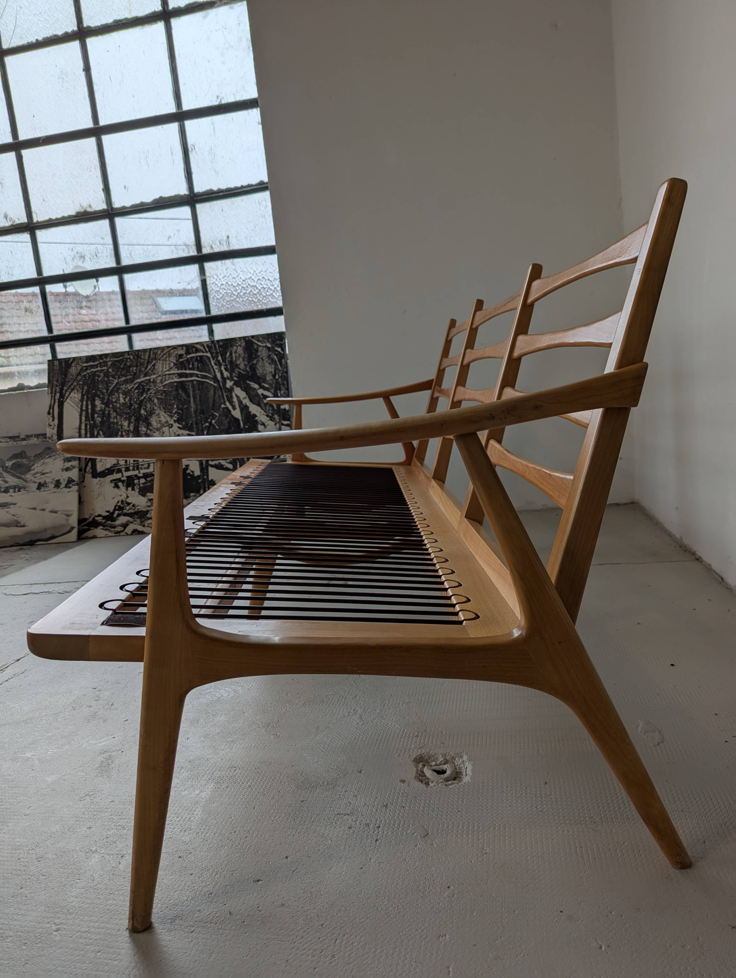 Banquette velours et bois clair, scandinave vers 1960/70