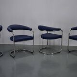 Anton Lorenz for Thonet "Ss33" Set of 4 chrome Armchairs in blue fabric , 1970s