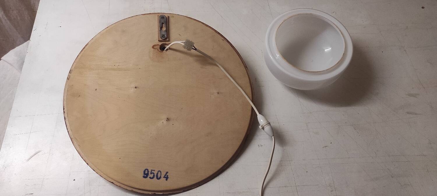 Globe-shaped wall sconces in opaline glass and wood - mid-20th century