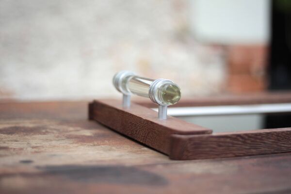 Plateau bois art déco, plateau bois avec poignées en verre,plateau déjeuner