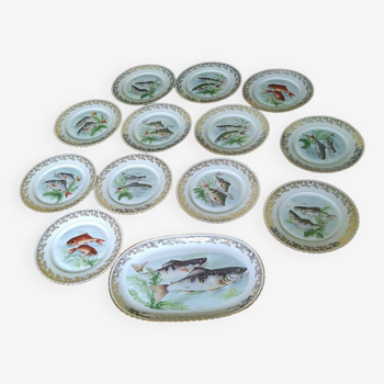 service à poisson 12 assiettes et plat ovale porcelaine 1970