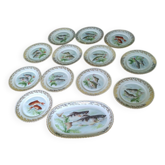 service à poisson 12 assiettes et plat ovale porcelaine 1970