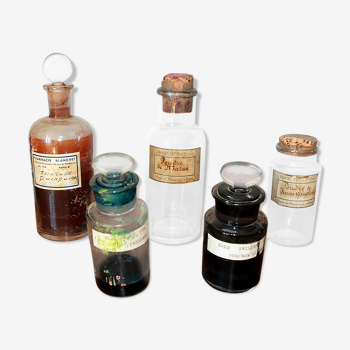 Set of 5 old vials and vials of apothecaries