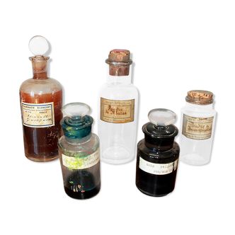 Set of 5 old vials and vials of apothecaries