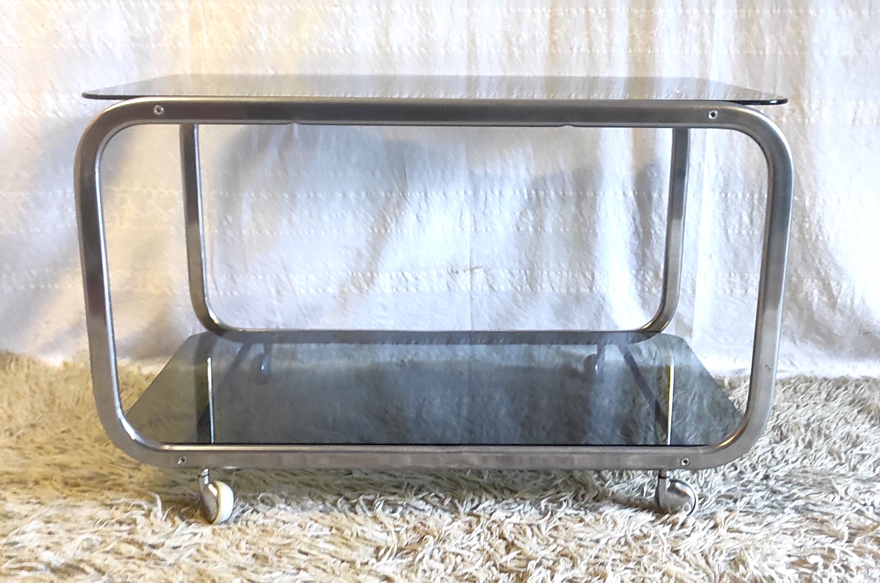 Side table in chromed metal and smoked glass, 60s-70s
