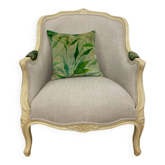 Bergère armchair in printed velvet and natural linen color, solid wood