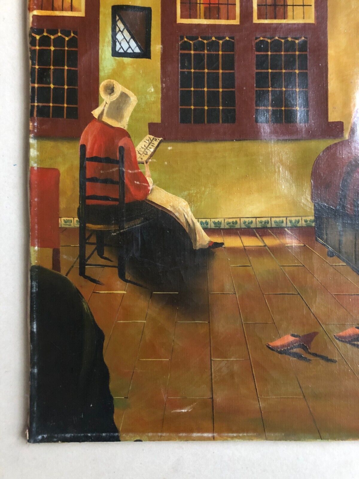 Mid century signed painting with Flemish interior