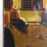 Mid century signed painting with Flemish interior