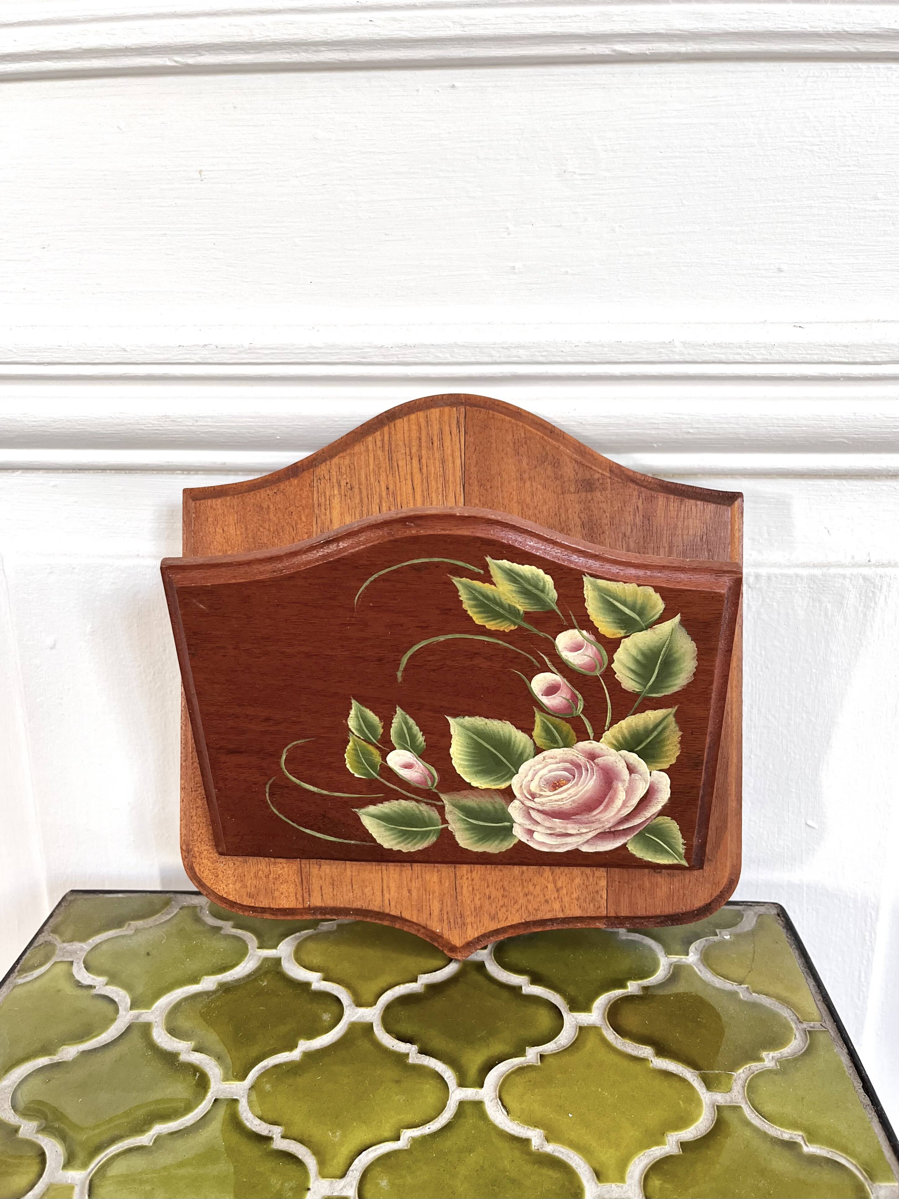 Wooden letter mail holder decorated with roses