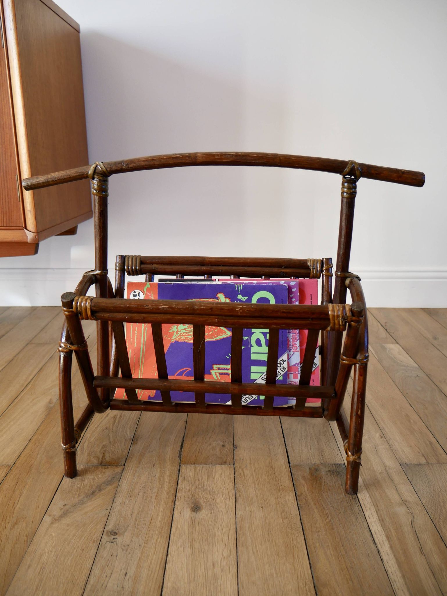 Bamboo and rattan magazine rack from the 70s