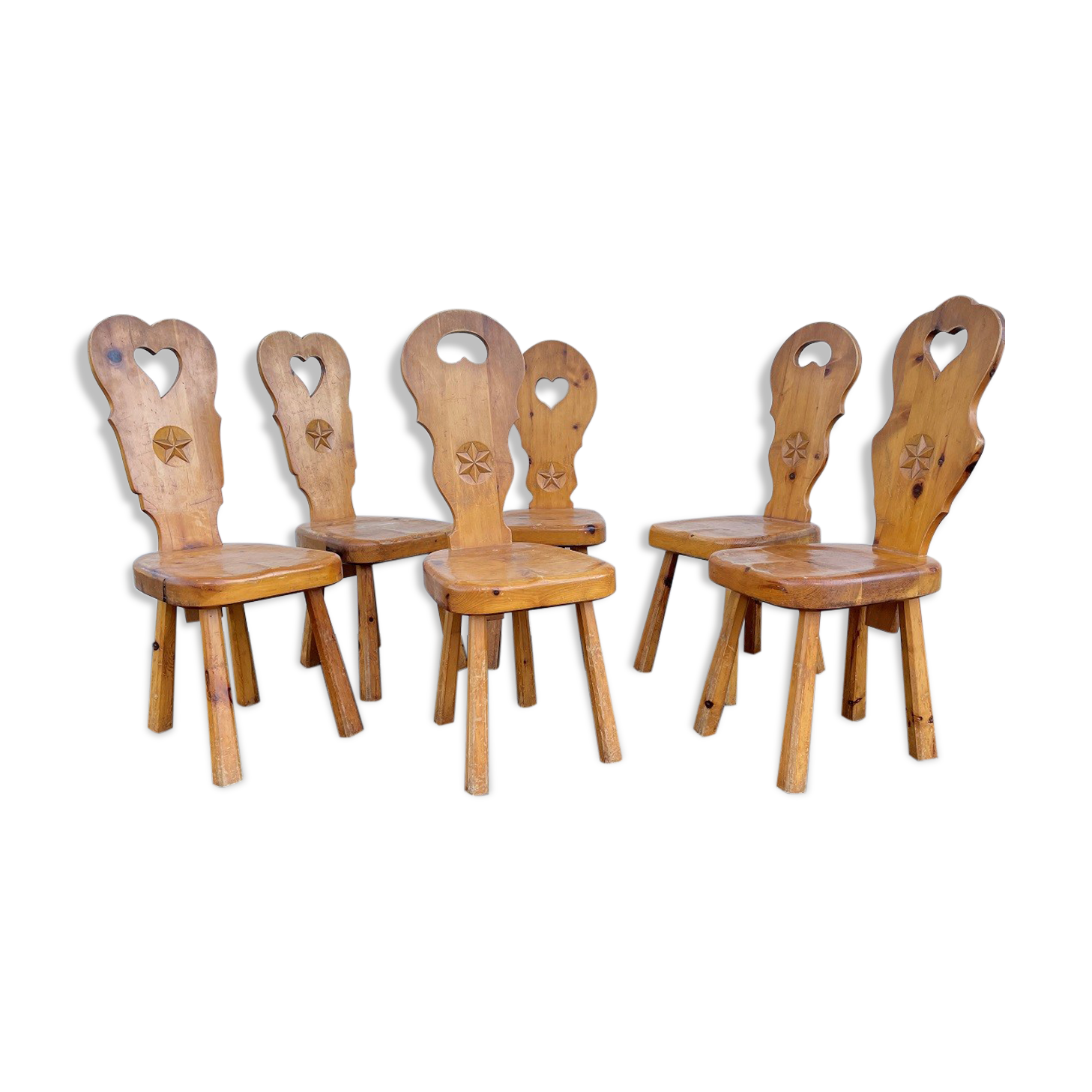 6 vintage Chairs Cembro pine Brutalist style circa 1975 Idcco Annecy