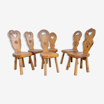 6 vintage Chairs Cembro pine Brutalist style circa 1975 Idcco Annecy