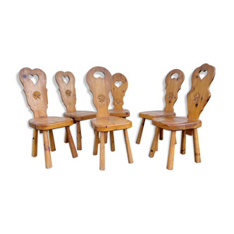 6 vintage Chairs Cembro pine Brutalist style circa 1975 Idcco Annecy