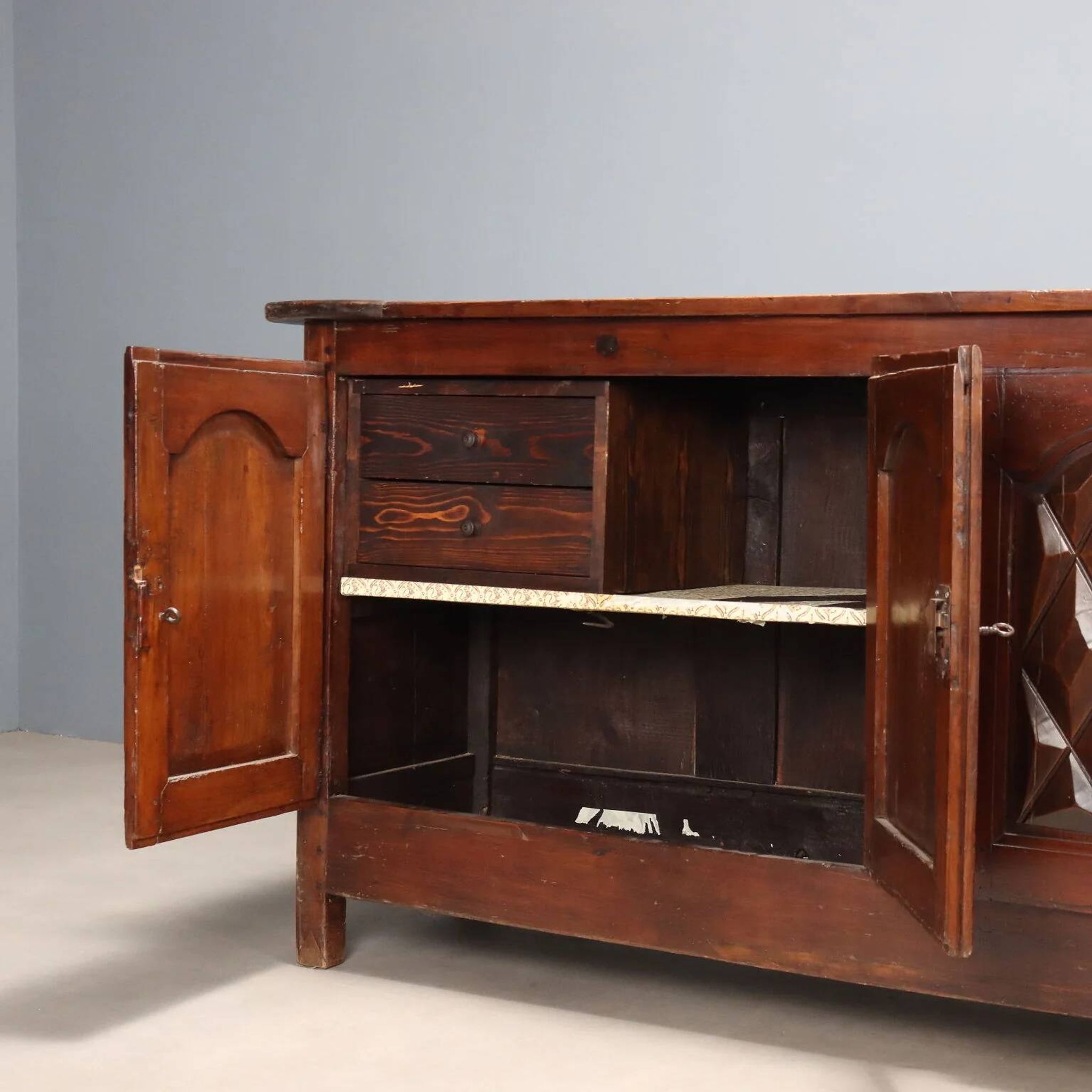 Antique buffet in various types of wood, Italy, 18th century