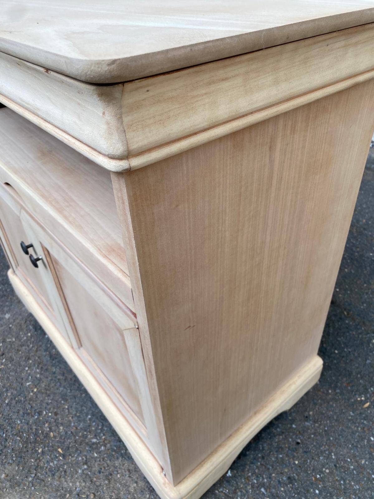 Louis Philippe buffet with 2 doors, stripped raw wood TV unit.