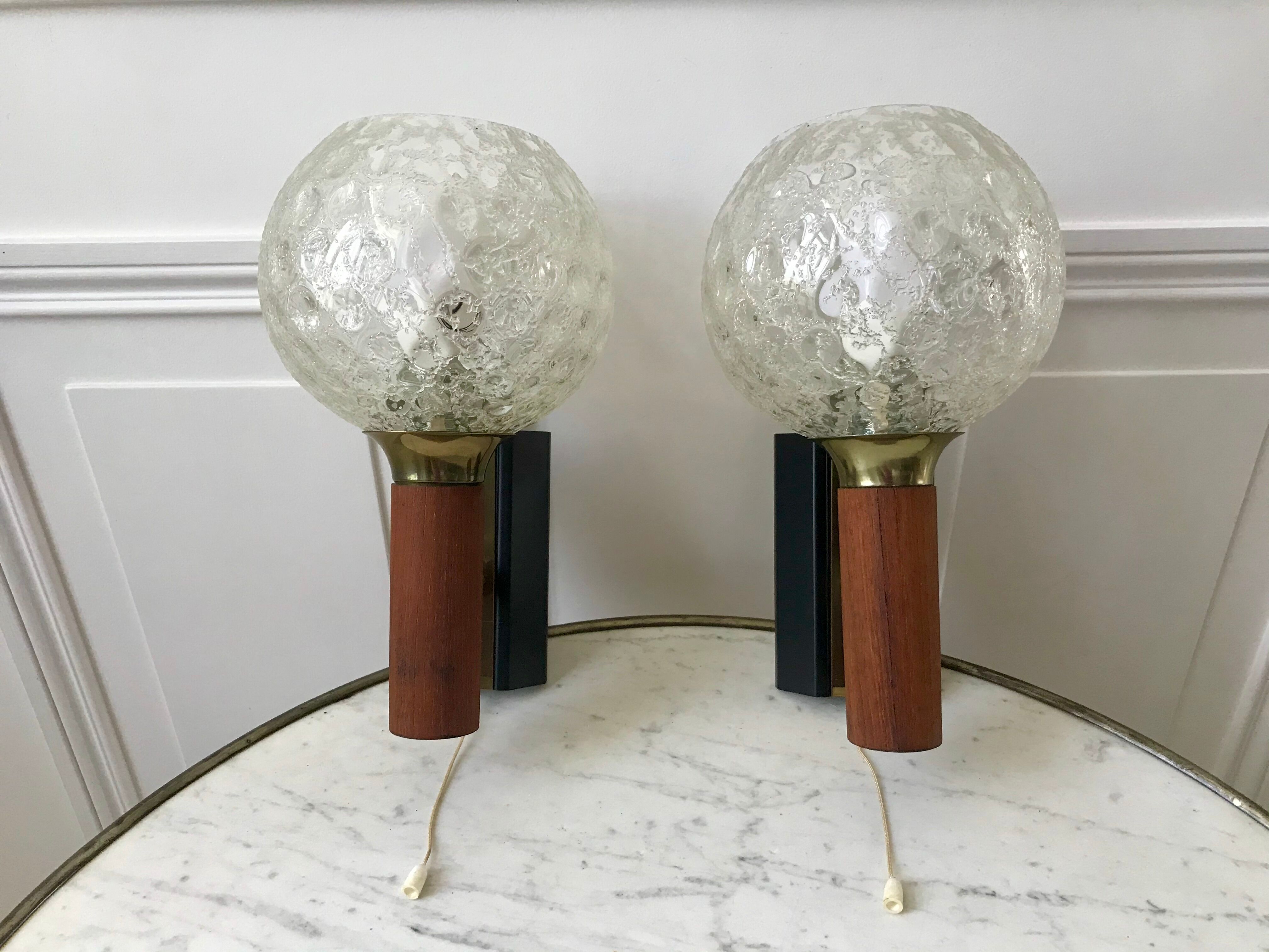 Pair of wall sconces balls in blown glass, metal and teak style 50s