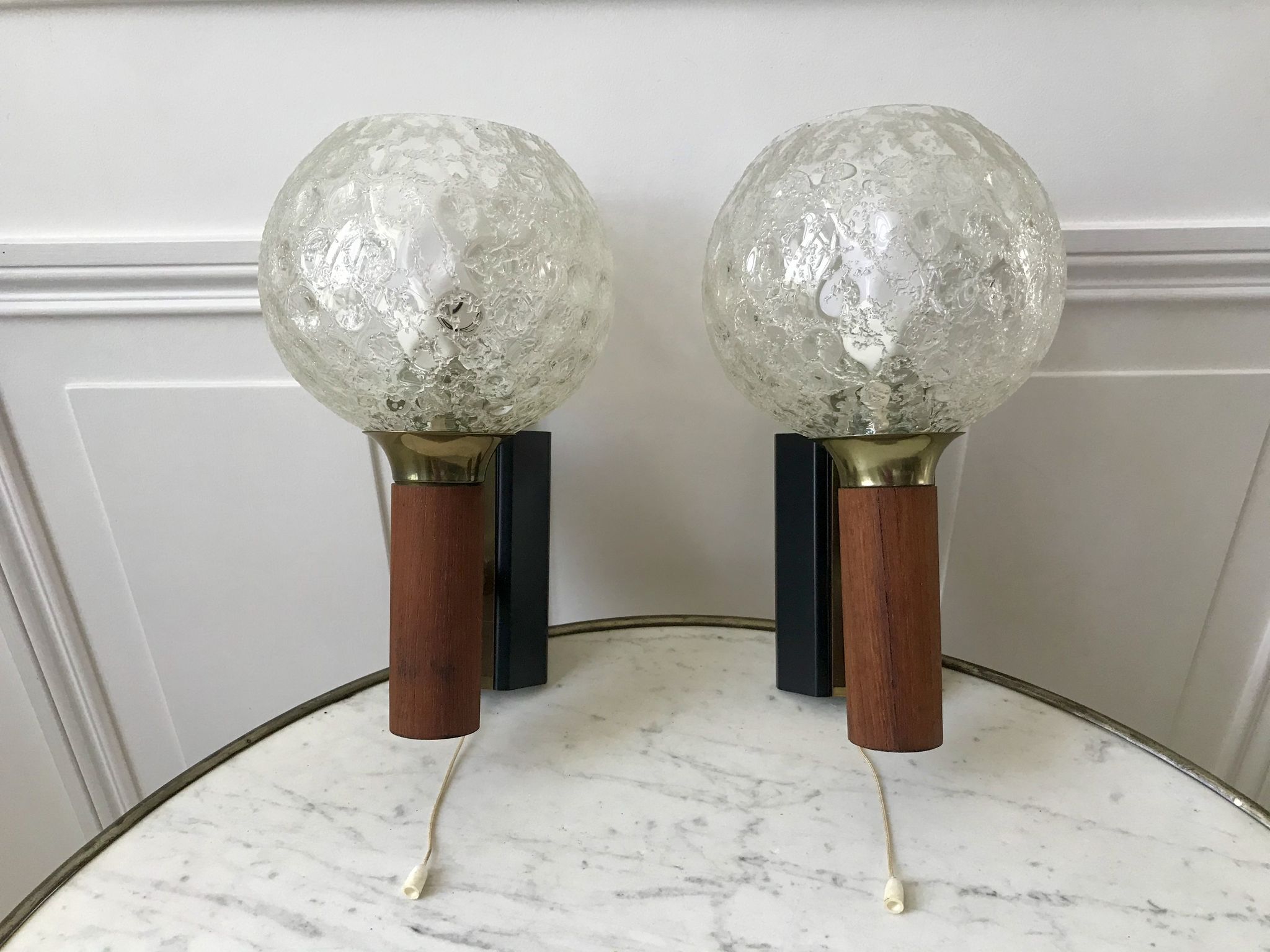 Pair of wall sconces balls in blown glass, metal and teak style 50s