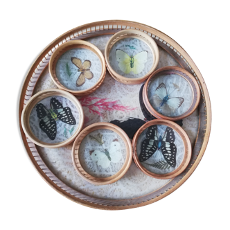 Plateau en rotin vintage avec 6 sous verres