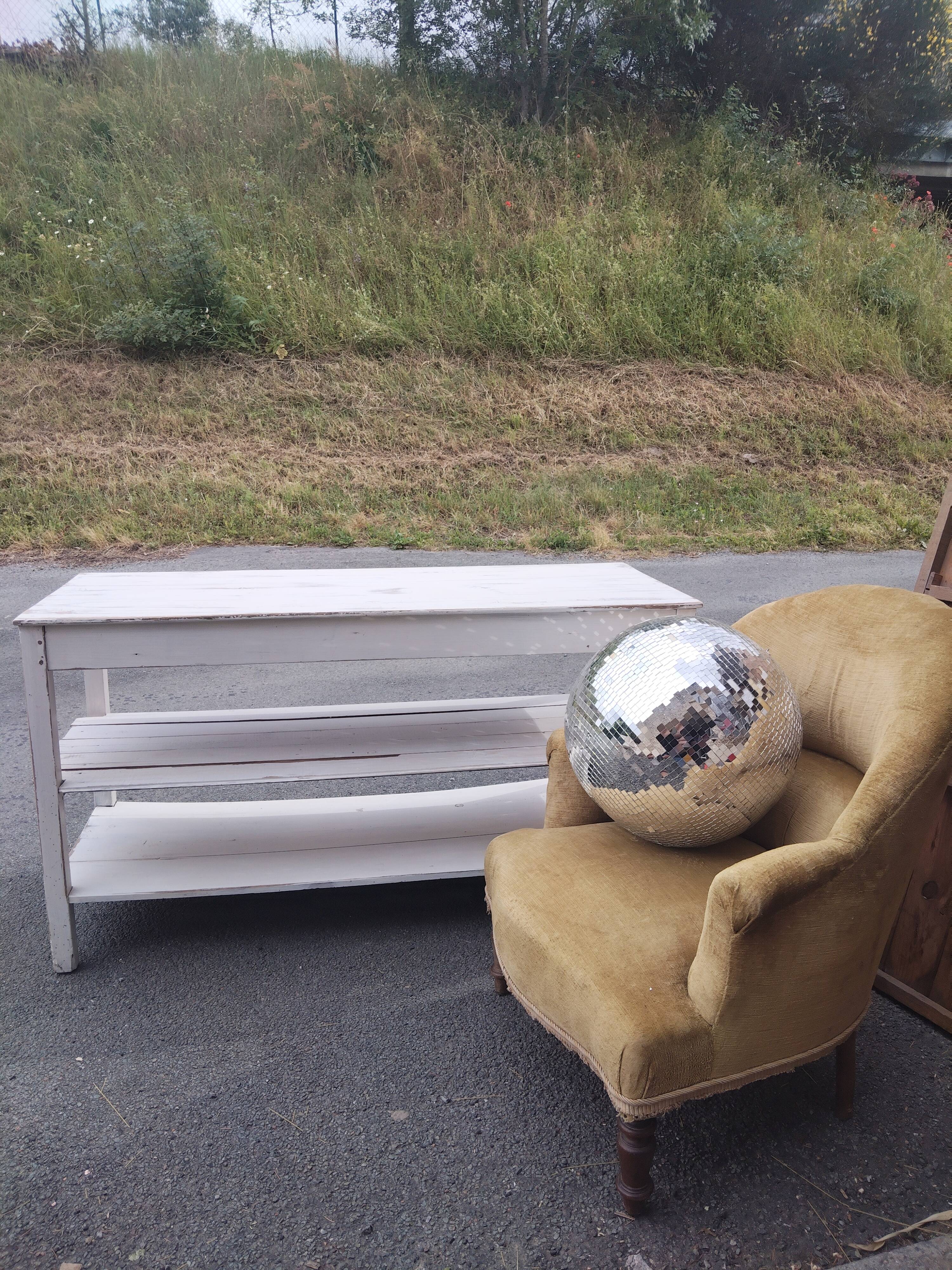 Antique white patinated draper's table, florist's wooden console.