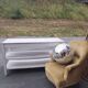Antique white patinated draper's table, florist's wooden console.