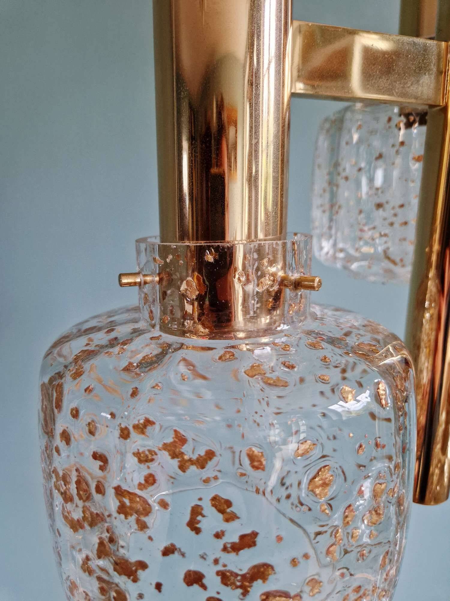 Lustre 3 branches en laiton et verre soufflé, 1970