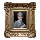 Tableau HSP vers 1900 Portrait Art Nouveau "Femme à la lettre" + cadre